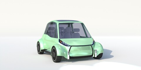 3D rendering. Small light green electric car isolated on white background, front and side view

