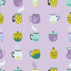 Fototapeta na wymiar Vector seamless pattern with ceramic cups. Flat style colorful illustrations on purple background. Kitchen theme. Textile or paper repeating print.