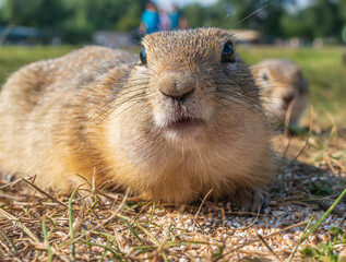 Two gophers are looking at camera on the grassy meadow. Close-up, selective focus.