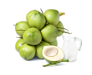 green coconut and juice (coconut water) isolated on white