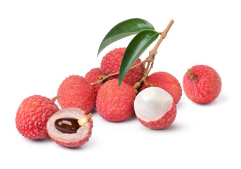 lychee with green leaf and cut in half sliced isolated on white background.