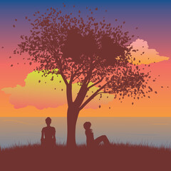 Girl sit under tree silhouette at sunset