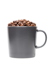 Cut Out Coffee Beans in a Black Cup on White Background.