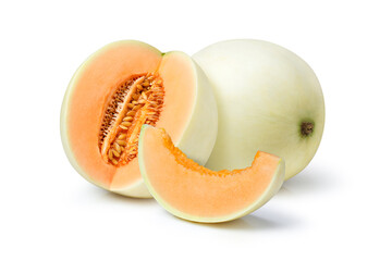 Fresh honeydew melon with cut slice isolated on white background. 