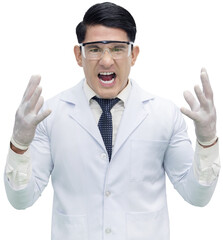 Isolated Mad Caucasian Doctor or Scientist Shouting and Screaming with Aggressive Expression on Transparent Background
