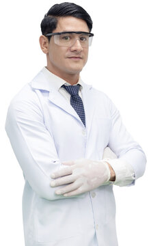 Caucasian Male Scientist with Crossed Arm Gesture on Transparent Background