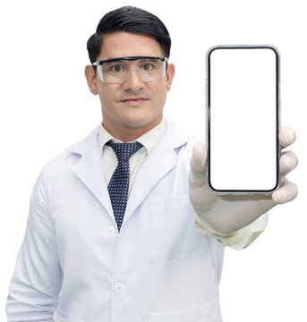 Isolated Caucasian Doctor Show Blank Mobile Phone Screen