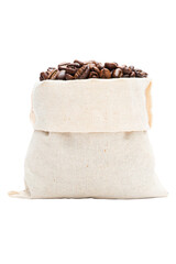 Cutout Roasted Coffee Beans in a Burlap Sack on White Background.