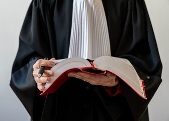 Female lawyer working with the red book of French laws