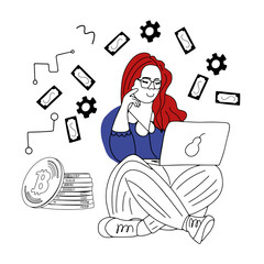 Woman working online. Earning cryptocurrency flat vector illustration