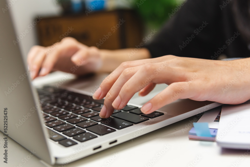 Poster woman hand using keyboard computer laptop internet communication social network digital technology.