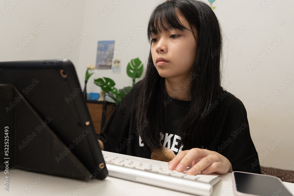 Aufkleber woman hand using keyboard computer laptop internet communication social network digital technology.