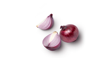 Fresh red onion and cut in half slice isolated on white background, top view, flat lay. Copy space.