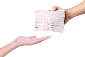Man hand holding one million thai baht banknote money isolated on white background. Hand giving money or business payment concept. - obrazy, fototapety, plakaty