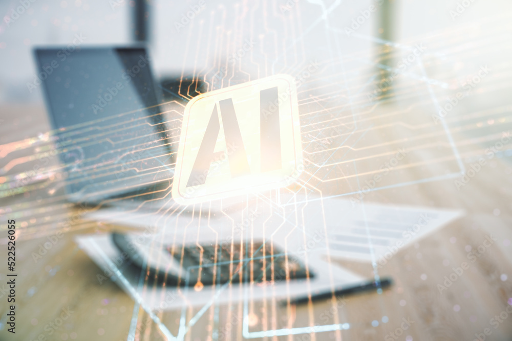 Poster double exposure of creative artificial intelligence icon on blurry calculator with laptop background