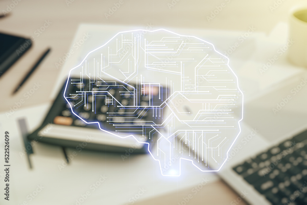 Poster double exposure of creative artificial intelligence interface on blurry calculator with laptop backg