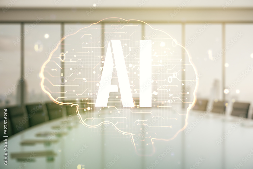 Poster double exposure of creative artificial intelligence interface on a modern meeting room background. n
