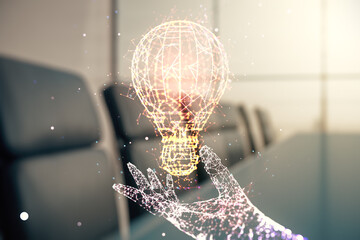Abstract virtual light bulb illustration on a modern coworking room background, future technology concept. Multiexposure