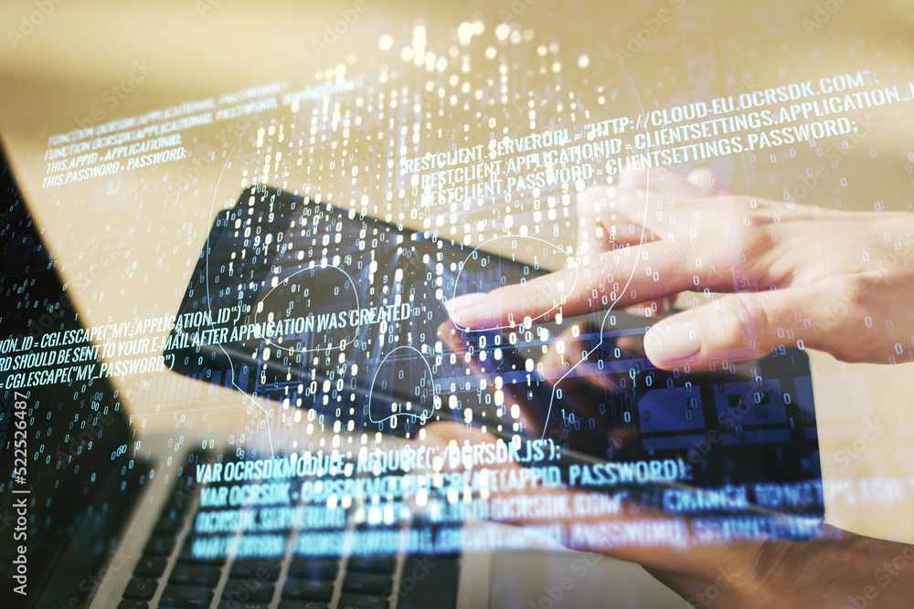Poster double exposure of creative code skull hologram and finger clicks on a digital tablet on background.