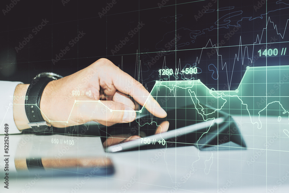Poster abstract creative analytics data spreadsheet with finger clicks on a digital tablet on background, a