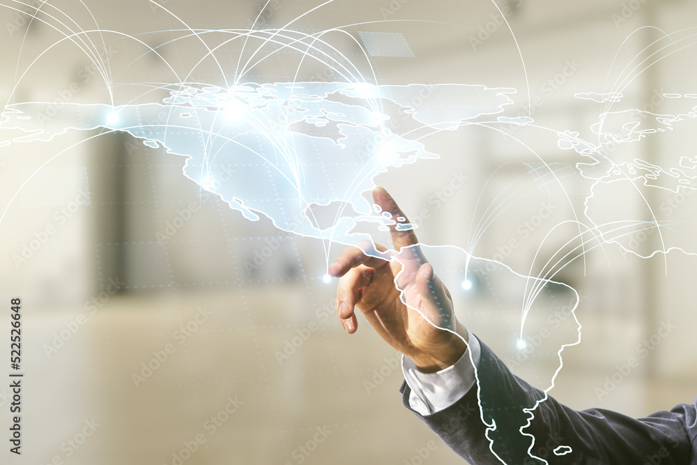 Poster double exposure of man hand working with abstract digital world map hologram with connections on blu