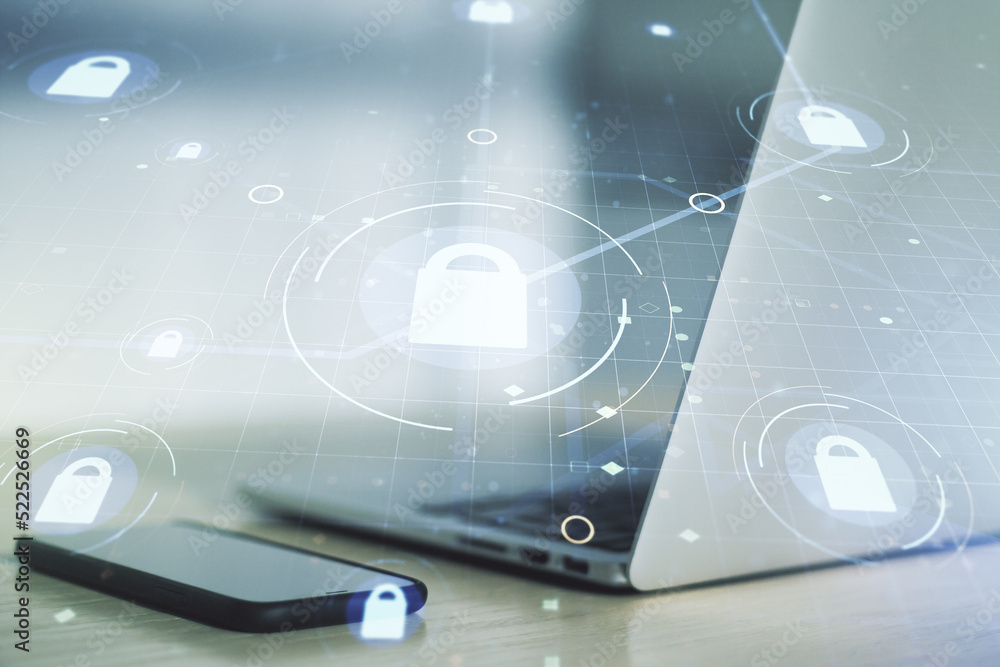 Poster creative light lock illustration with microcircuit on modern computer background, cyber security con