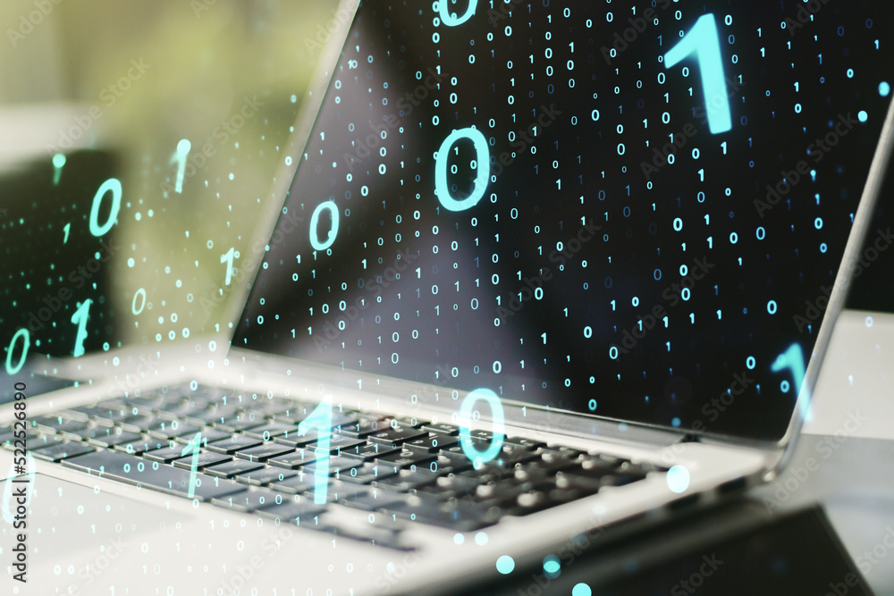 Poster creative abstract binary code sketch on modern laptop background, hacking and matrix concept. multie