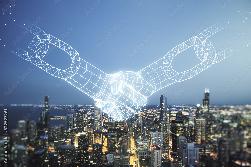 Aufkleber abstract virtual block chain technology hologram with handshake on chicago cityscape background, cry