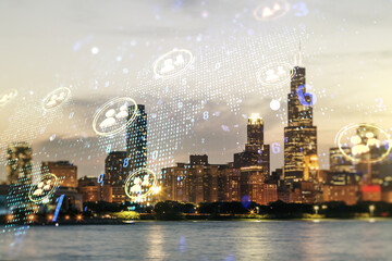 Double exposure of social network icons interface and world map on Chicago office buildings background. Networking concept