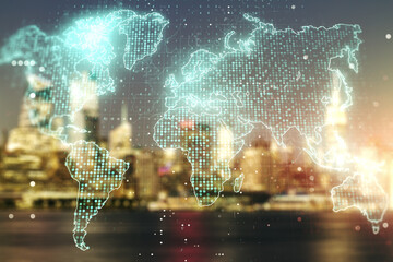 Double exposure of abstract digital world map hologram on blurry office buildings background, big data and blockchain concept
