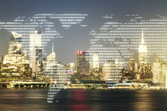 Multi exposure of abstract creative digital world map hologram on New York city skyscrapers background, research and analytics concept