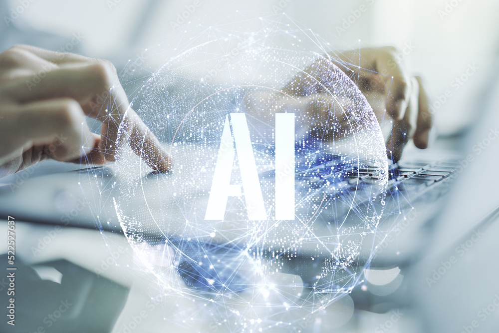 Poster creative artificial intelligence symbol concept with hands typing on computer keyboard on background