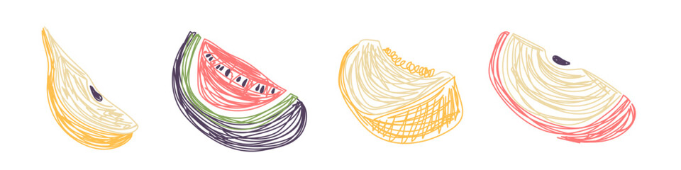 Pear, watermelon, melon and apple. Fruit sketch set. Hand drawn vector illustration. Pen or marker doodle