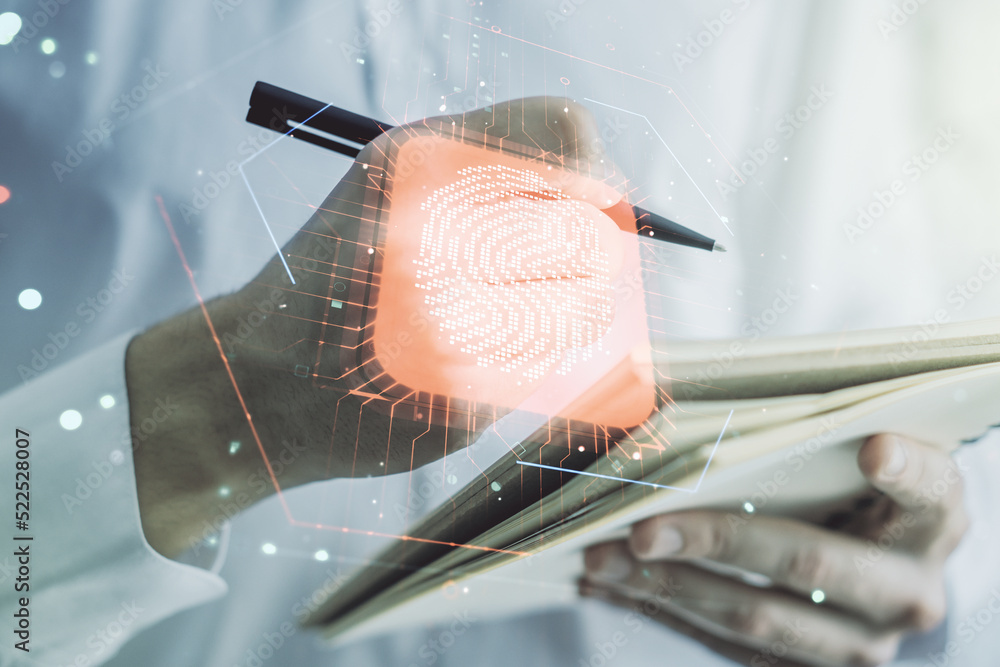 Poster Multi exposure of abstract fingerprint scan interface with man hand writing in notepad on background, digital access concept
