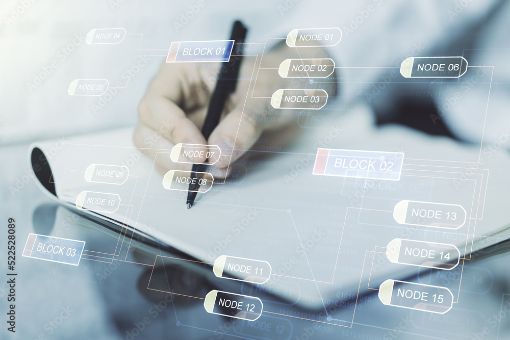 Aufkleber Abstract creative coding illustration with man hand writing in diary on background, software development concept. Multiexposure