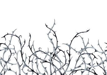 Halloween horizontal seamless border of black thorn branches. Watercolor hand painted isolated illustration on white background. - obrazy, fototapety, plakaty