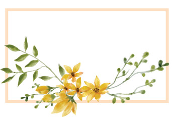 yellow flowers blossom and little leaves hand-drawn watercolor with  border frame for banner, invitation, wedding card