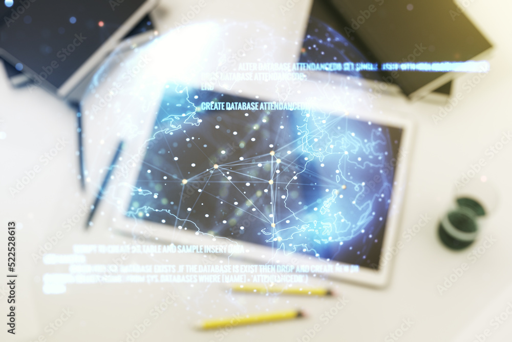 Poster abstract creative coding illustration with world map and modern digital tablet on desktop on backgro