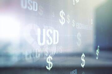 Double exposure of virtual USD symbols hologram on modern business center exterior background. Banking and investing concept