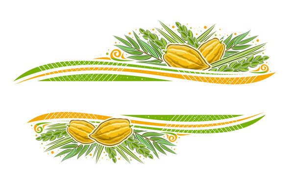 Vector border for Sukkot with blank copy space for congratulation text, decorative greeting card with illustration of traditional four species leaves for sukkot judaic celebration on white background