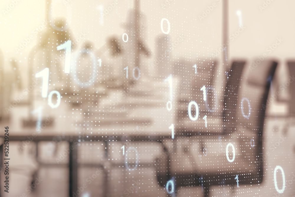 Aufkleber Abstract virtual binary code sketch on a modern furnished office interior background, hacking and matrix concept. Multiexposure