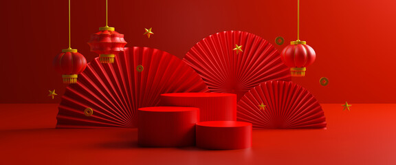 Chinese new year, mid autumn festival podium display or showcase mockup on red background with lantern golden coin. Concept of Happy Chinese New Year festival background. 3D rendering illustration