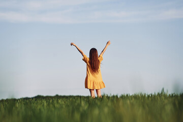 Hands raised up. Enjoying nature. Happy girl have a walk outdoors on the field at summer