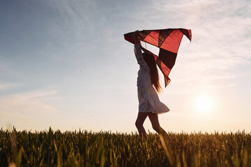 Beautiful sunlight and kite in hands of a child. Happy girl have a walk outdoors on the field at summer