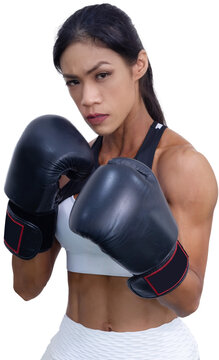 Young Female Boxer in Boxing Stance Pose on Transparent Background