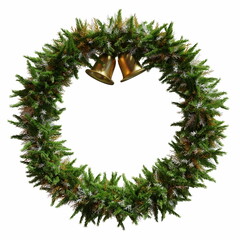 round beautiful Christmas wreath made of coniferous snow and golden twigs two bells 3d illustration