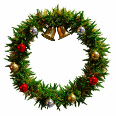 round beautiful Christmas wreath made of coniferous, golden twigs, two bells and Christmas toys balls, 3d illustration