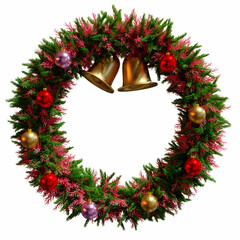 round beautiful Christmas wreath made of coniferous, golden and red twigs two bells and Christmas toys balls, isolated white, 3d illustration