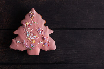 Decorated gingerbread christmas cookies on wooden background.