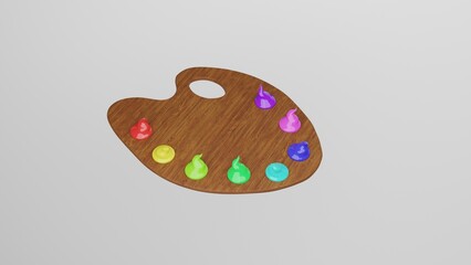 Wooden palette for art with diffefent color paints isolated on white background. 3D render